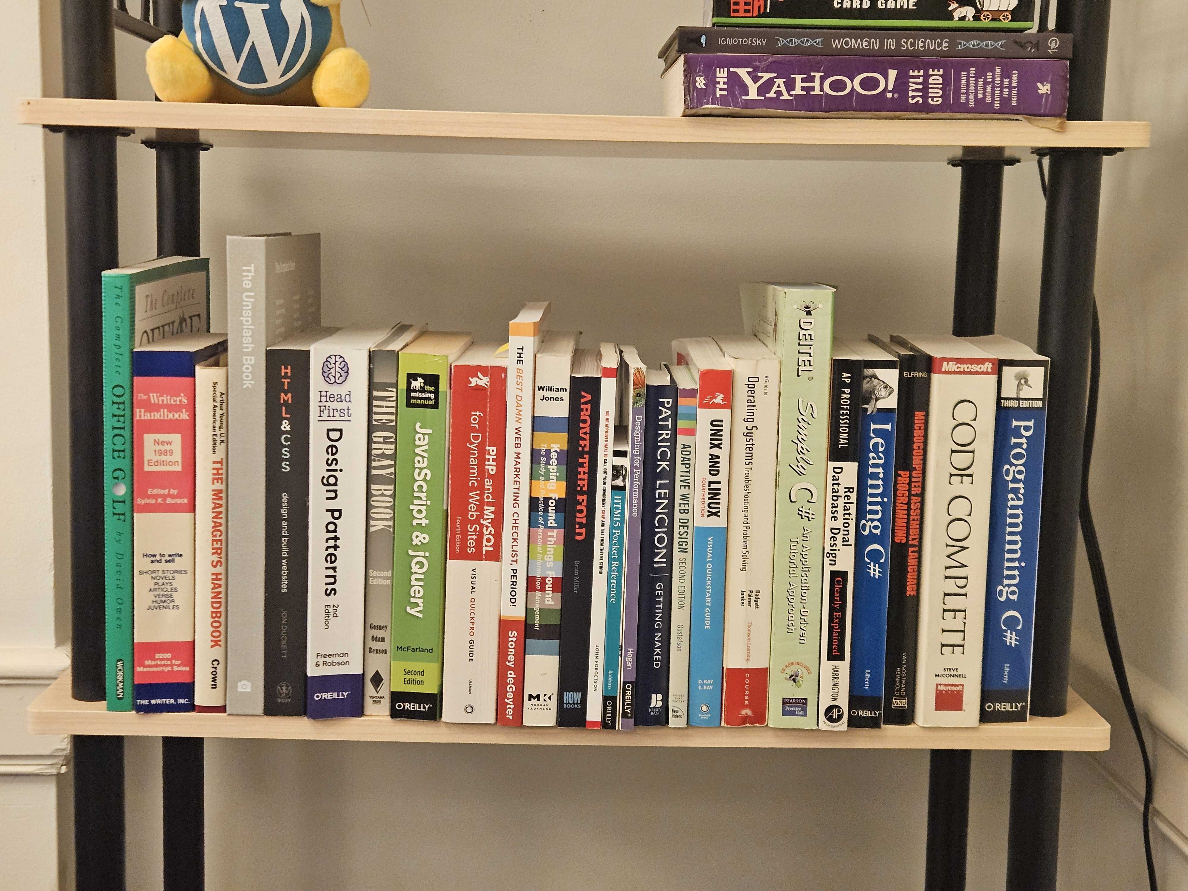a bookshelf with books on it, in the Mind office