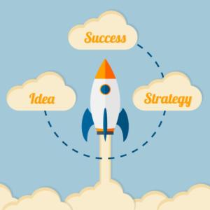 rocket ship launching with clouds for idea, strategy, and success