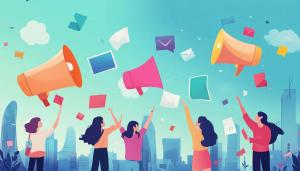 cartoon people holding megaphones with paper floating around them