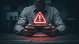 man holding tablet with an alert sign above it